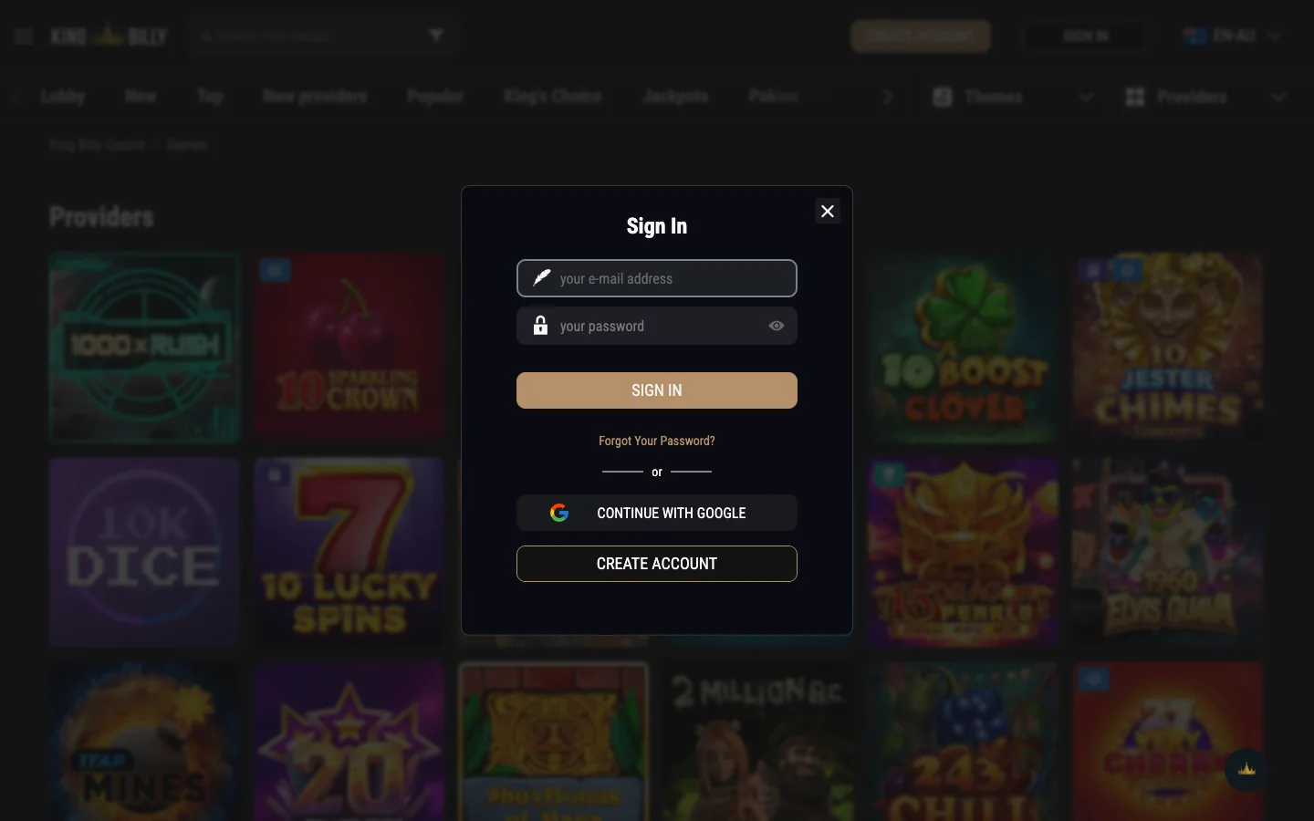 The King Billy Casino sign-in modal Australian players see when they log in to the mobile site or the Android app, with e-mail, password and Continue with Google